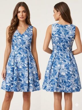 Copper Key Fit & Flare Dress Medium Blue White Tropical Floral Hawaiian Pleated